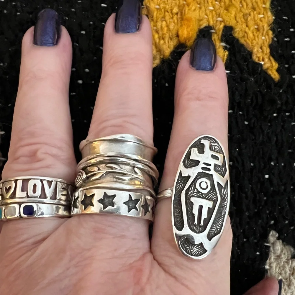 ❤️ Kachina Symbol Native Navajo Style Unisex Sterling Silver SZ 9.75 Ring 1.33”L - Picture 14 of 14